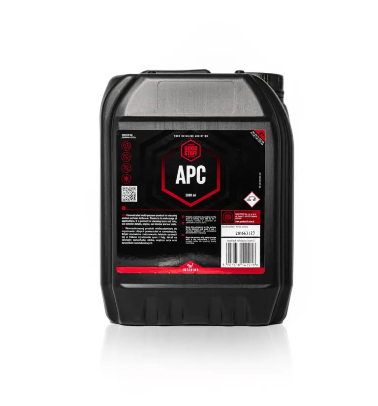 A black plastic container with a handle and a label reading Snow Storm APC 5000 ml all purpose cleaner sits against a white background. The label features red, white, and black colors with text, hazard symbols, and the Good Stuff logo.