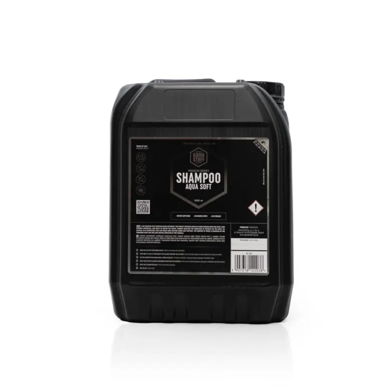 A large black plastic container with a handle and a label reading Shampoo Aqua Soft on the front, placed against a white background—an ideal Good Stuff car shampoo for effective detailing.
