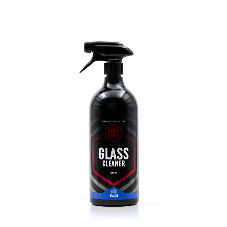 A black spray bottle of Good Stuff Glass Cleaner, labeled as a car glass cleaner with a 1000 ml capacity, set against a plain white background.