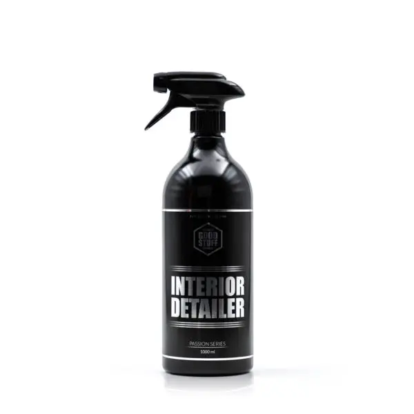 A black spray bottle labeled Interior Detailer with white text, part of the Passion Series premium detailing line, is designed for cleaning car interiors and stands upright on a white background.