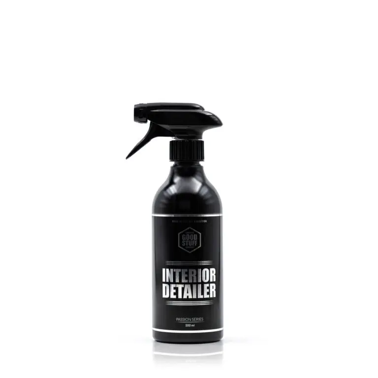 A black spray bottle labeled Good Stuff Interior Detailer stands upright against a white background. The Passion Series 500ml bottle also works as an effective interior protectant for your vehicle.