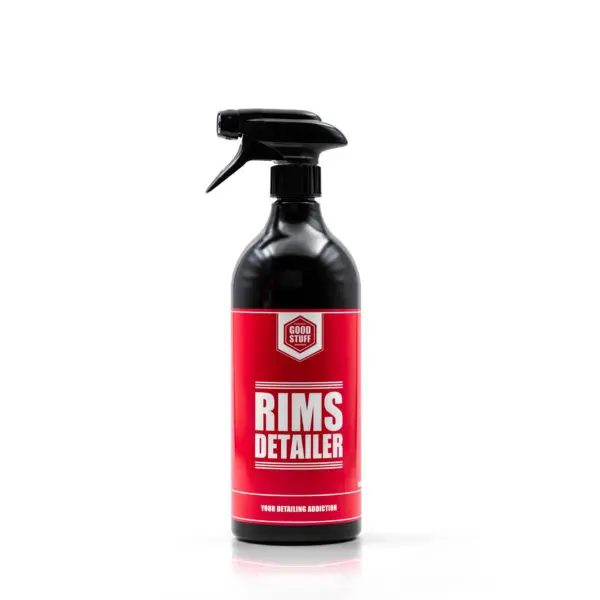 A black spray bottle with a red label that reads Rims Detailer in bold white letters, designed for cleaning car rims. This wheel cleaner features a trigger spray top and helps provide added rim protection during use.