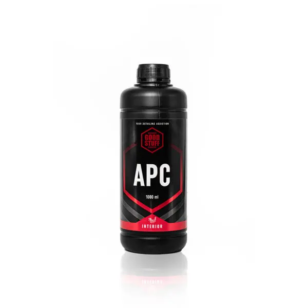A black plastic bottle labeled Good Stuff APC 1000 ml INTERIOR stands upright on a white background. Perfect for detailing interior surfaces, the label features red and white accents, making it an ideal choice for interior car care enthusiasts.