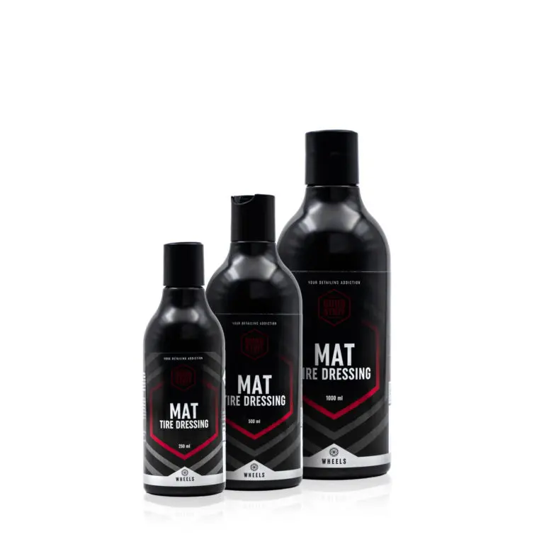 Three black bottles of Good Stuff MAT Tire Dressing in different sizes are arranged upright on a white background. The bottles feature black caps and black, red, and white labels—perfect for achieving a sleek, matte tire shine.