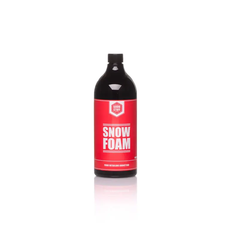 A black plastic bottle with a red and white label reading Snow Foam and Good Stuff stands upright on a white background—perfect for car cleaning with powerful pre-wash foam.