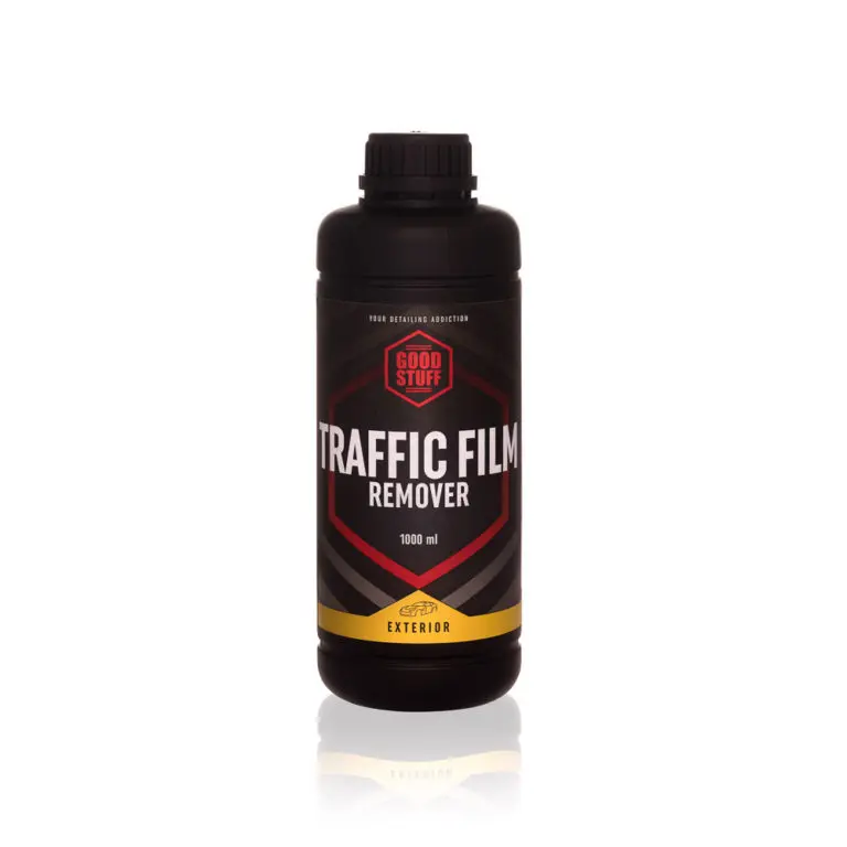 A black plastic bottle labeled Traffic Film Remover (TFR cleaner) with a 1000 ml capacity, featuring the Good Stuff brand and yellow accents, stands on a white background—ideal as a pre-wash product for spotless results.