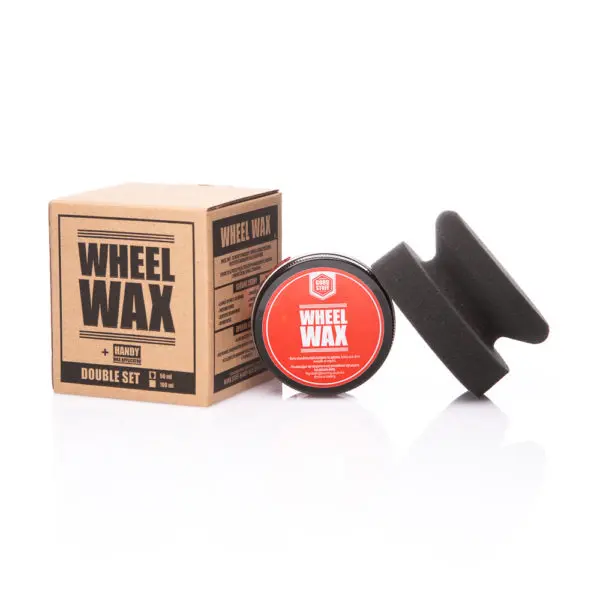 A set of wheel wax products for rim protection, including a boxed container, a small round tin with a red WHEEL WAX label, and a black foam applicator, all displayed on a white background.