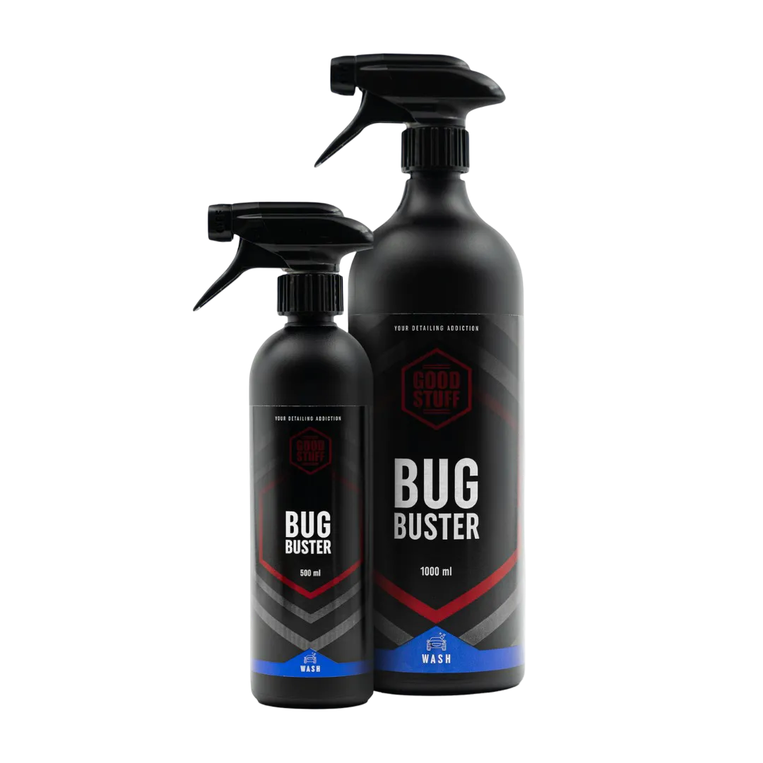 Two black spray bottles of Good Stuff Bug Buster car wash, a powerful bug remover spray, are shown side by side on a white background. The labels are black with red, white, and blue accents and indicate 500 ml and 1000 ml sizes.