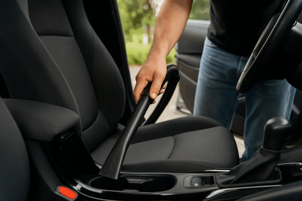 A person’s hand is pulling up the handbrake lever inside a car with a clean car seat. The interior is black, and the person is standing outside the open driver’s door, wearing blue jeans and a black shirt.