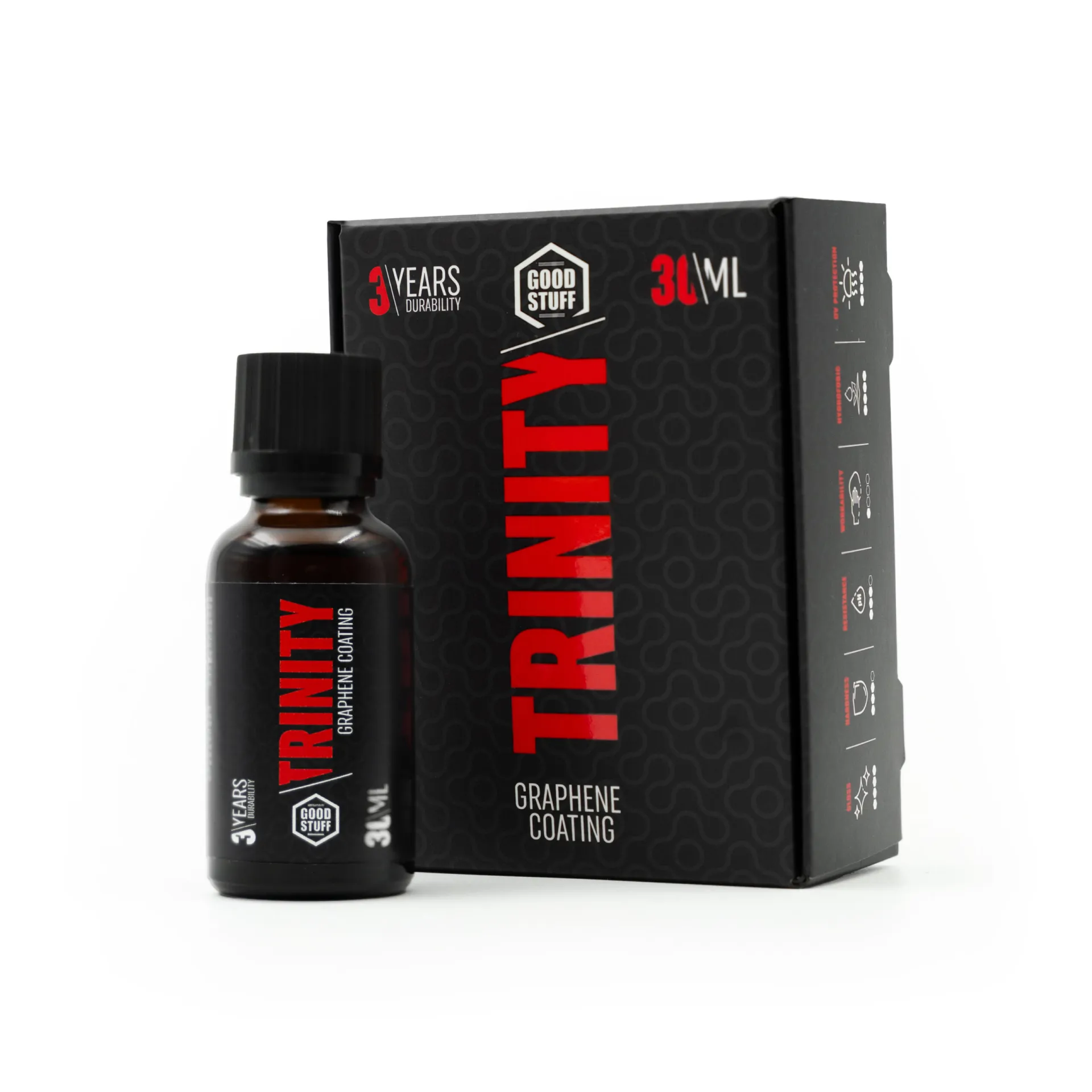 Mała ciemna butelka z napisem Trinity Graphene Coating stoi obok czarnego pudełka z czerwono-białym tekstem i wzorem, podkreślającym 3-letnią trwałość i 30 ml.