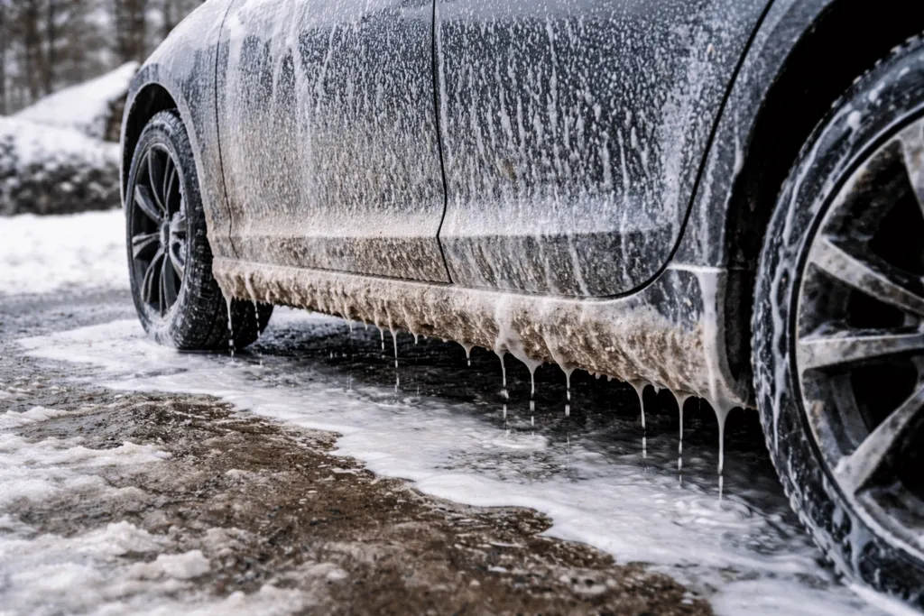 Close-up of a black car covered in soap and water, with foam and dirty water dripping down the doors and tires, parked on snowy, icy ground—an essential wash to remove salt residue and protect your car from road salt damage this winter.