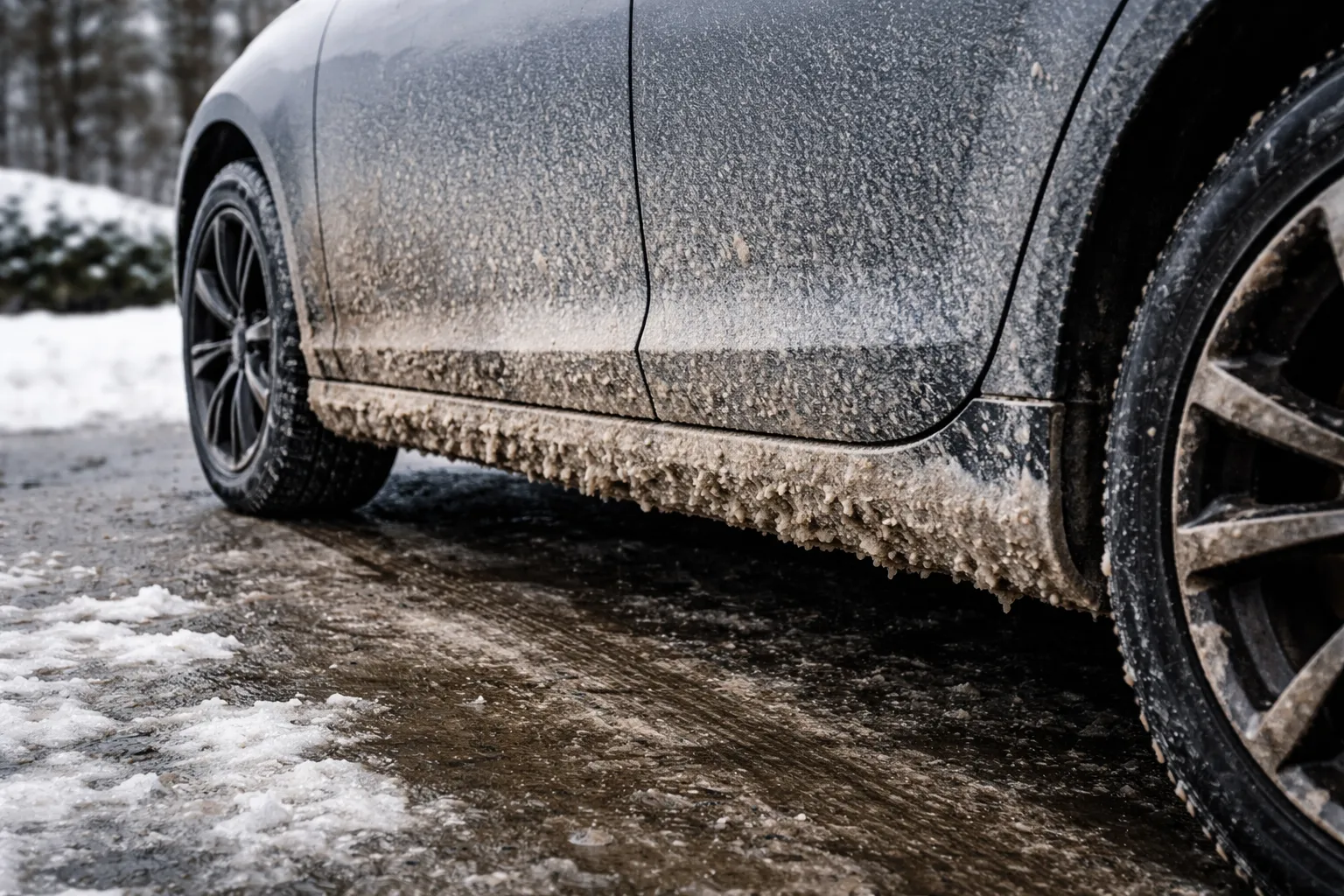 Close-up of a dark-colored car with dirty, salt-stained sides and wheels, parked on a snowy, slushy road in winter. Grime from road salt and melting snow covers the ground and vehicle—highlighting the need to remove salt residue to protect your car.