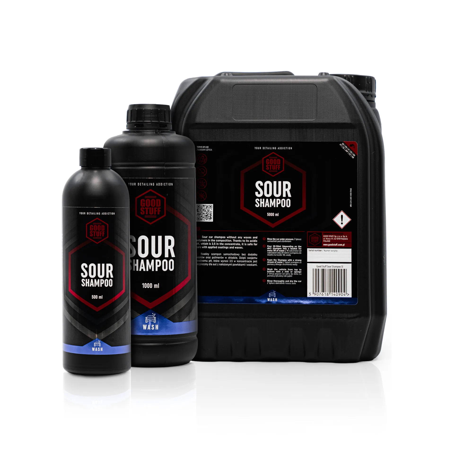 Three black containers of Good Stuff Sour Shampoo, an acidic car shampoo and limescale remover, in 500 ml, 1 liter, and 5 liter sizes with red, black, and blue labels are displayed on a white background.
