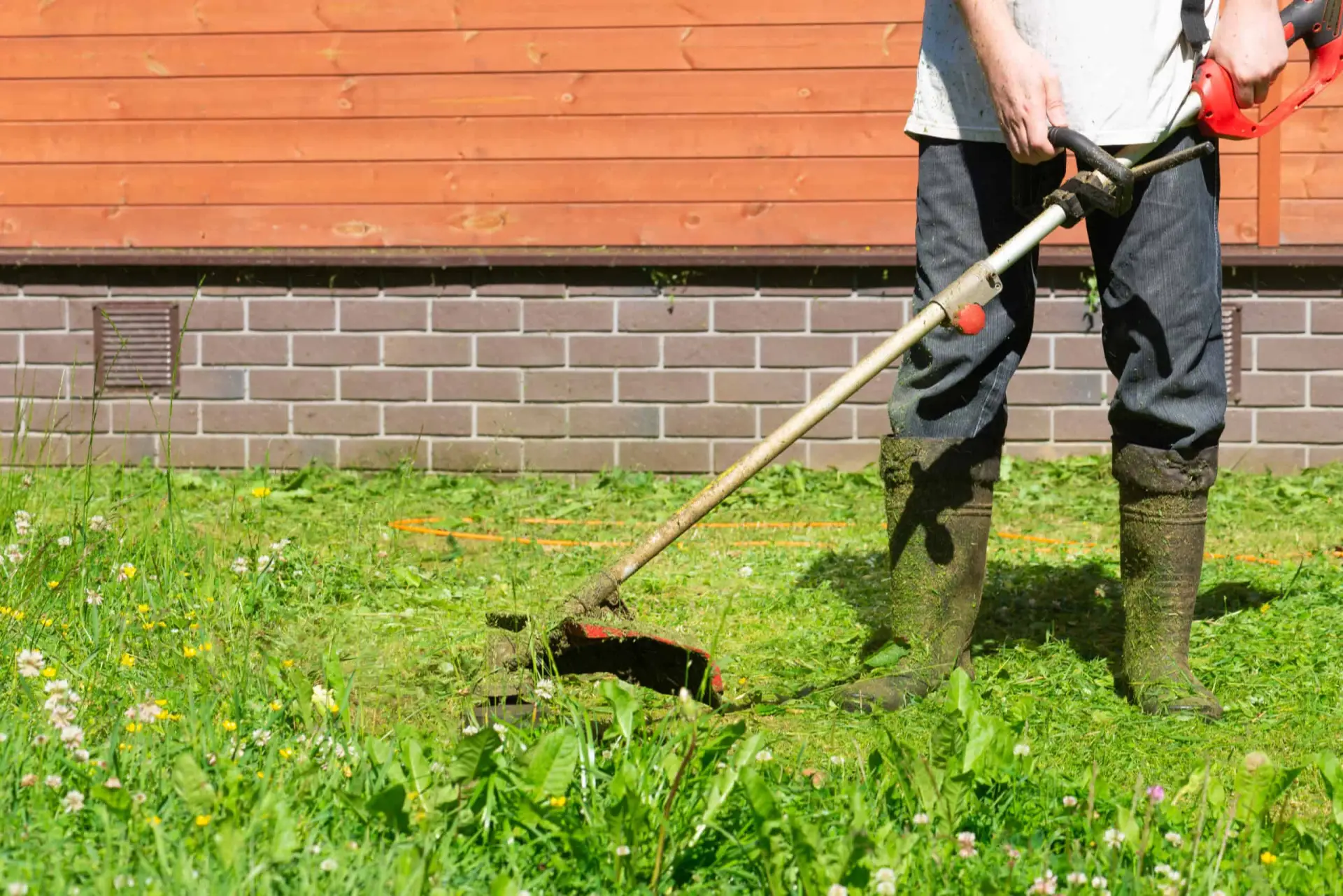 Arbeiter mäht Rasen mit Freischneider im Garten