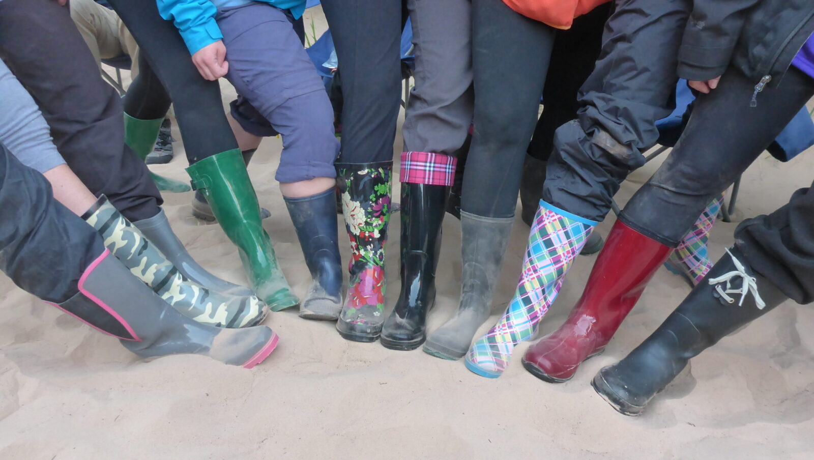 Best Types of Shoes for Rafting Trips 4 Collection of feet in a line showing off their multi-colored galoshes on a sandy beach. Photo credit: Mary Jo May.