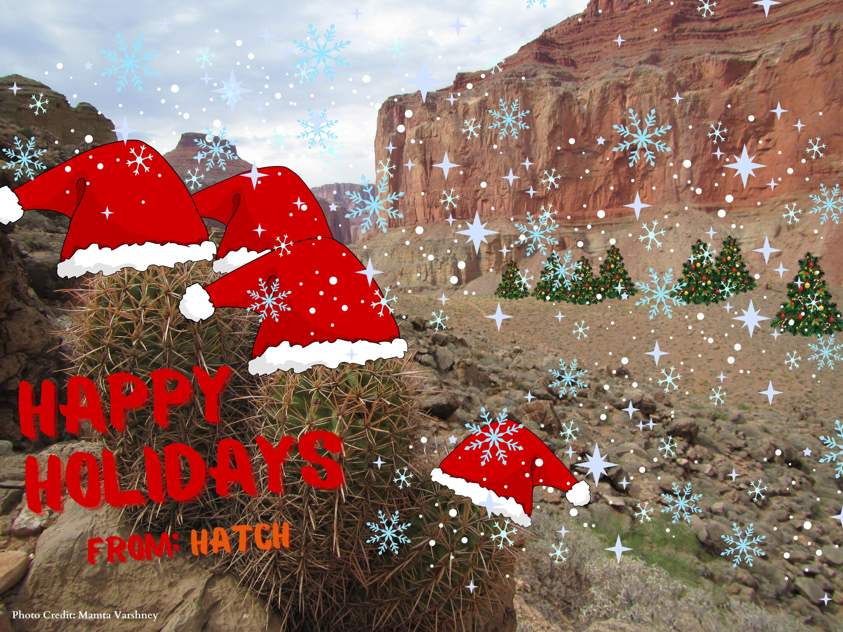Photo Credit Mamta Varshney Photo of Grand Canyon adorned with holiday graphics that reads: Happy Holidays from Hatch.