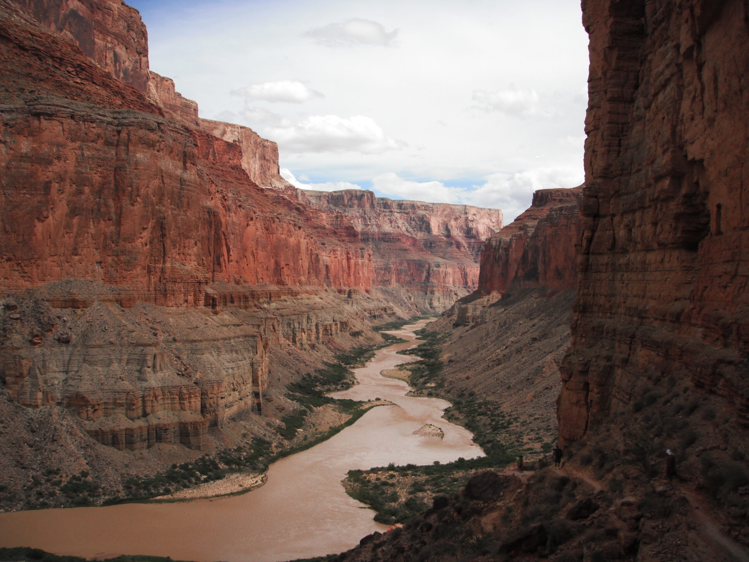 View of muddy river from Nankoweap The Colorado River changes color from blue-green to this brown seen from Nankoweap. Photo credit: Jon Hauris.