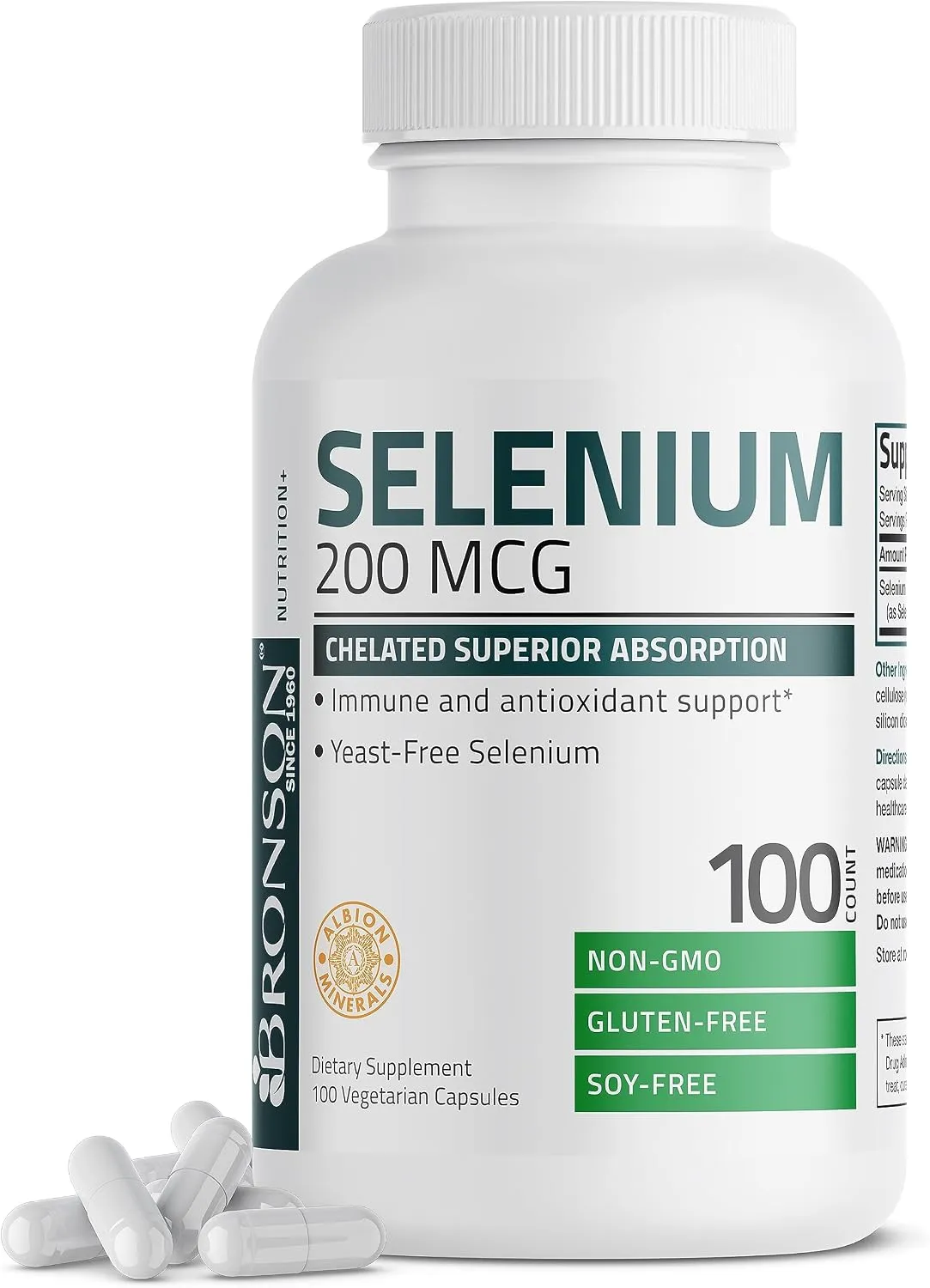 Bronson Selenium 200 mcg for Immune System, Thyroid, Prostate and Heart Health – Yeast Free Chelated Amino Acid Complex - Essential Trace Mineral with Superior Absorption, 100 Vegetarian Capsules Bronson Selenium 200 mcg for Immune System, Thyroid, Prostate and Heart Health – Yeast Free Chelated Amino Acid Complex - Essential Trace Mineral with Superior Absorption, 100 Vegetarian Capsules