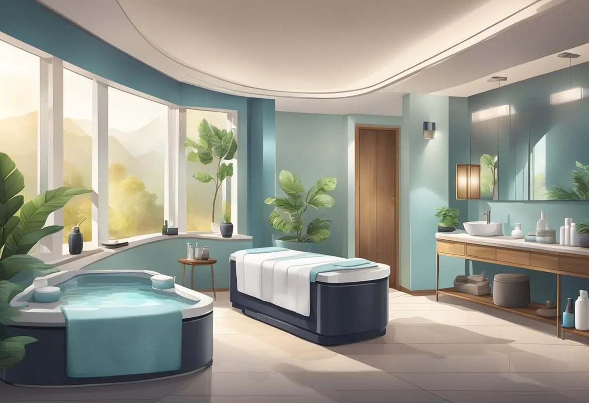 A serene spa room with modern skincare equipment and products for men's skincare treatments