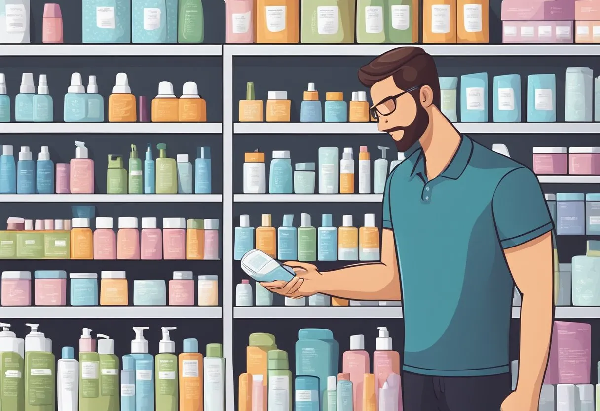 A man carefully selects skin care products from a shelf, examining labels and comparing options