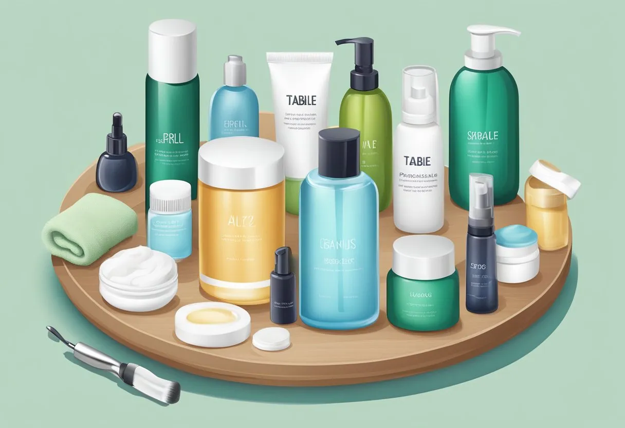 A table with various skincare products arranged neatly, including bottles, tubes, and jars. A towel and a few grooming tools are also visible