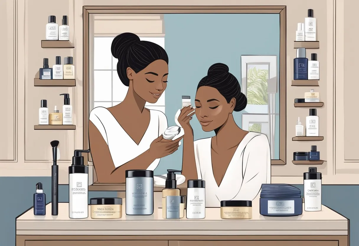 A woman applies Eminence skincare products to her face, using gentle circular motions. The products are arranged neatly on a clean, organized vanity