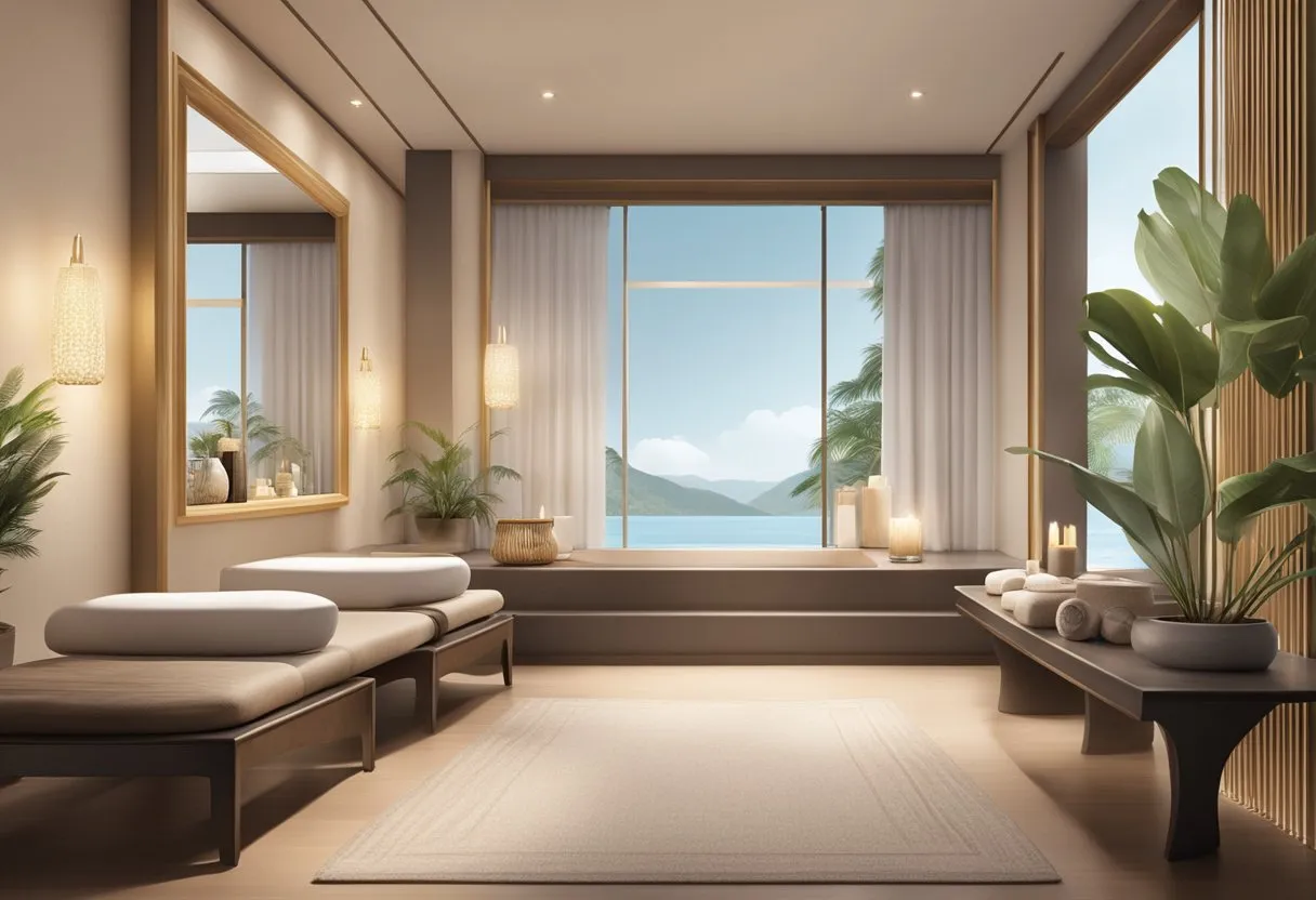 A luxurious spa setting with elegant product display and serene ambiance