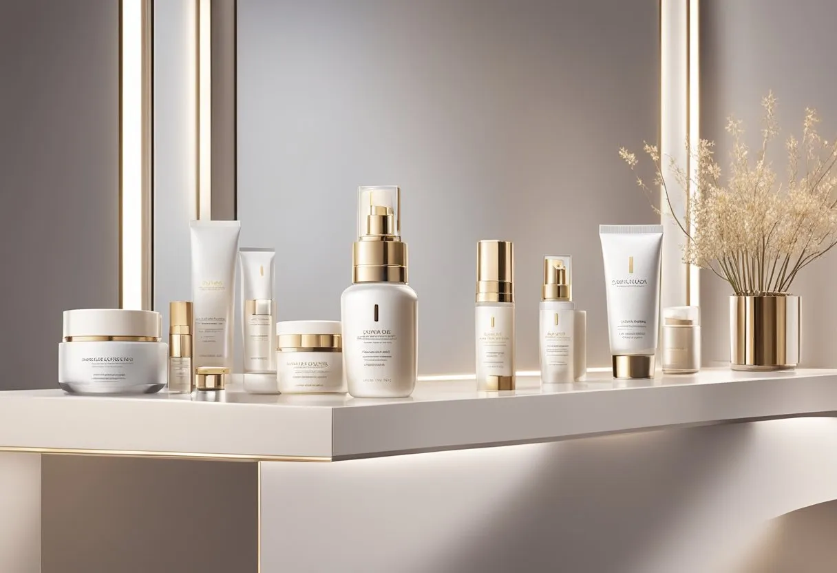 A luxurious display of high-end skin care products, arranged on a sleek, modern vanity with soft lighting and a clean, minimalist backdrop