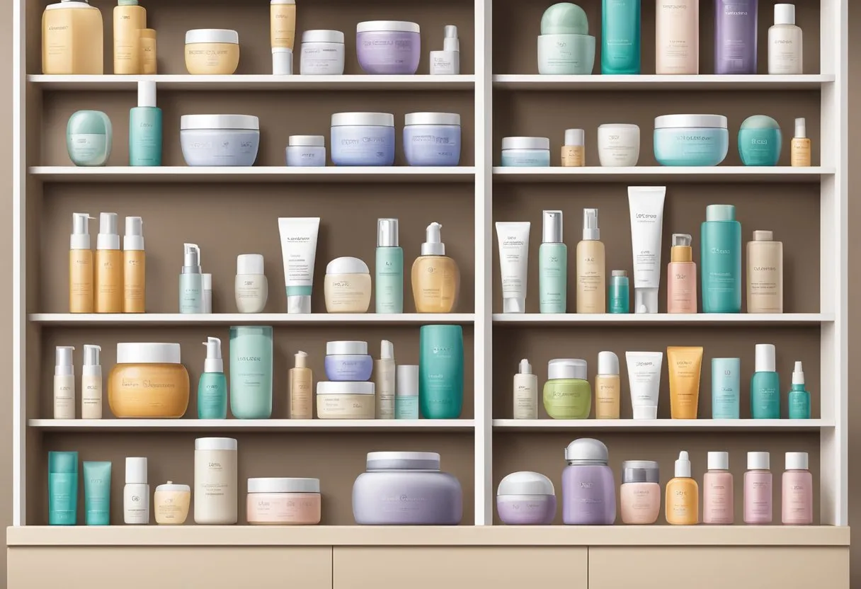 A variety of top-tier skin care products displayed on a clean, modern shelf with soft, natural lighting