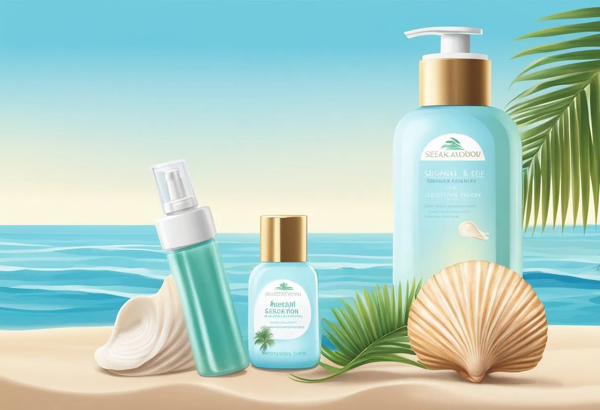 A serene beach setting with a clear blue sky, gentle waves, and a palm tree, with a bottle of skincare product and a seashell in the foreground