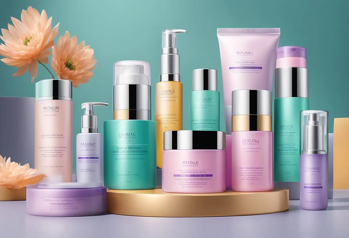 A table displaying various Image Skin Care products with sleek packaging and vibrant colors