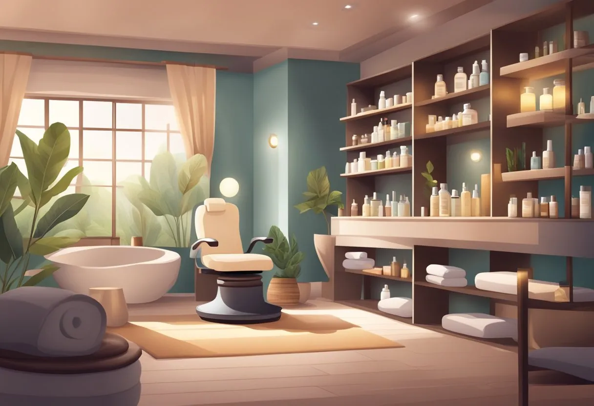A serene spa with shelves of skincare products, soft lighting, and a comfortable treatment chair