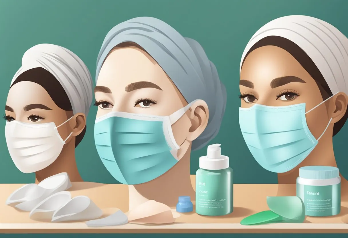 A variety of face masks arranged on a table, each labeled for different skin needs. Masks include clay, sheet, peel-off, and gel types