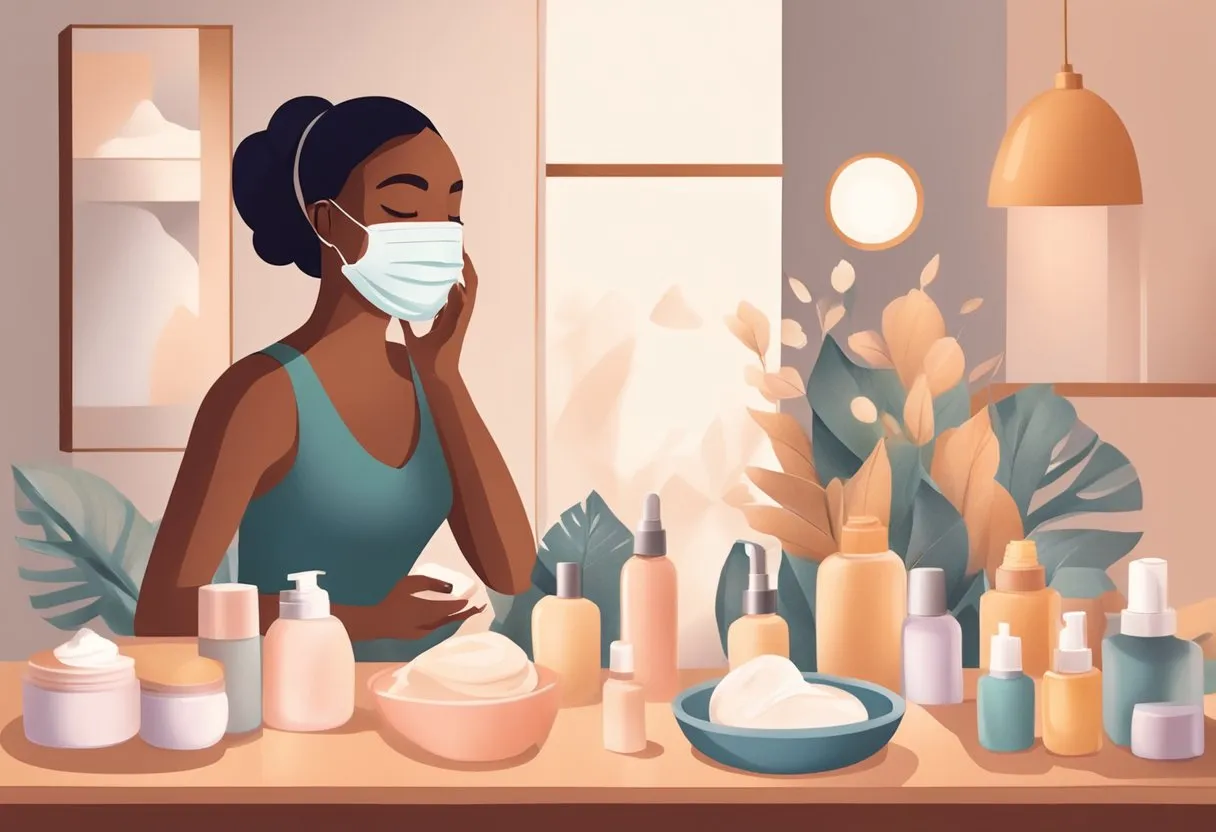 A woman applies a face mask, surrounded by skincare products and soft lighting