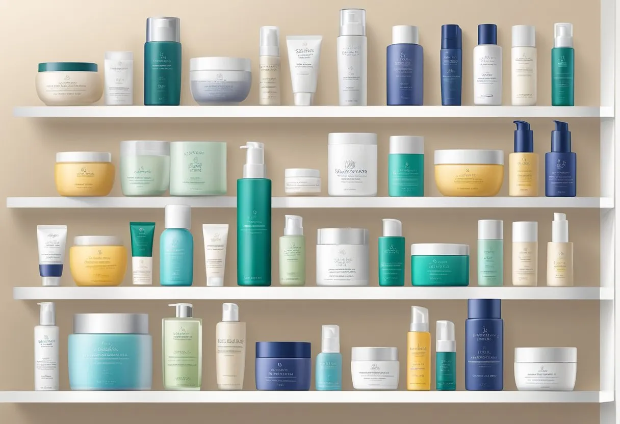 A display of various skin care products arranged neatly on a shelf with elegant packaging and labels showcasing the recommended skin care lines