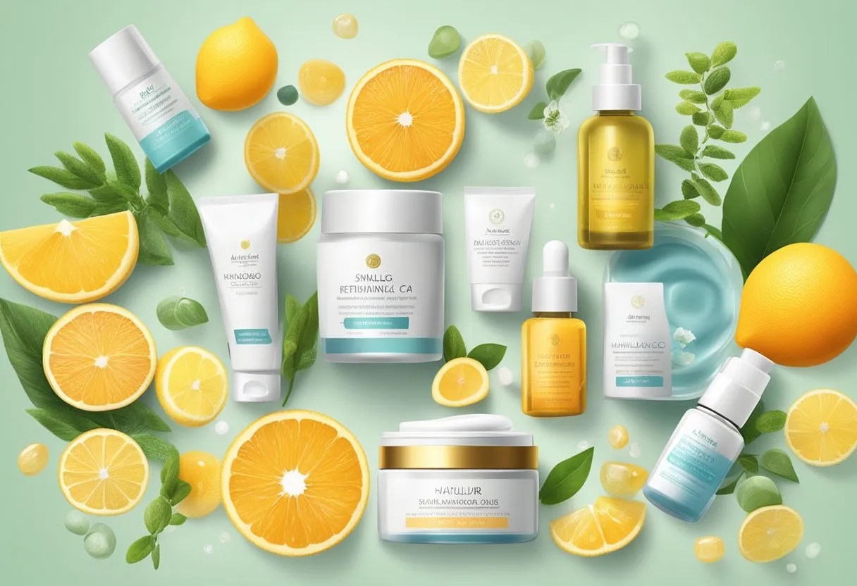 A table displaying various skincare ingredients like hyaluronic acid, vitamin C, and retinol, with product labels and natural elements for a best skin care line
