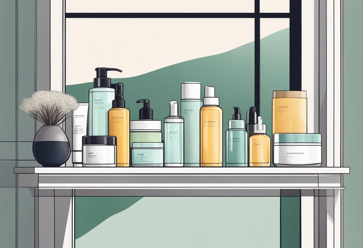 A variety of skincare products arranged neatly on a clean, minimalist vanity with natural lighting streaming in from a nearby window