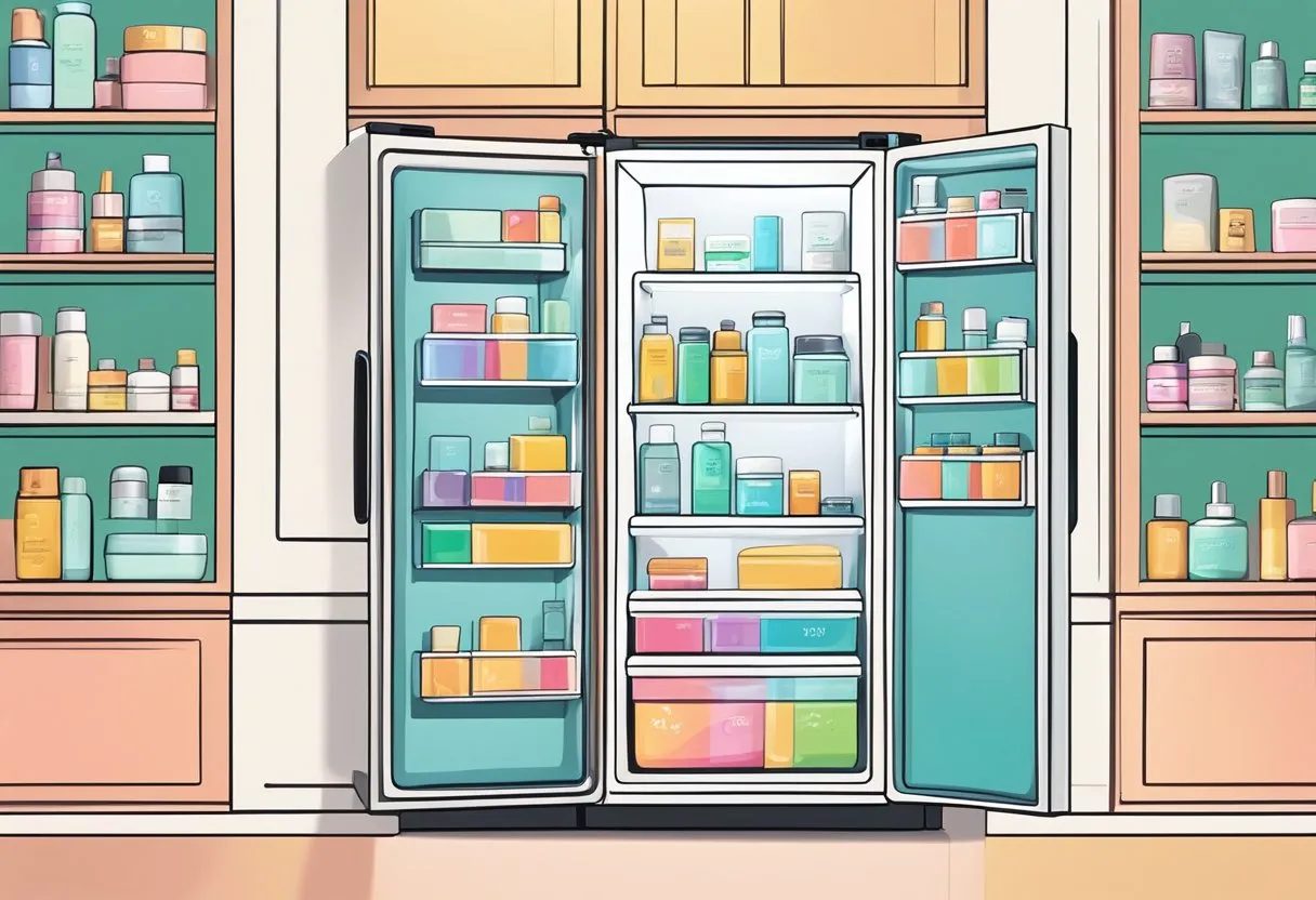 A sleek, modern refrigerator filled with neatly organized skincare products and colorful labels. The soft glow of the interior lights highlights the array of creams, serums, and masks