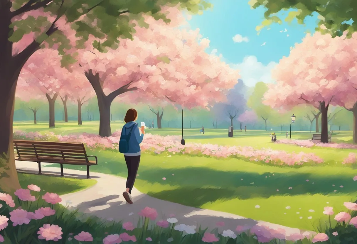 A sunny park with blooming flowers and clear skies, with a person avoiding allergens and using an inhaler