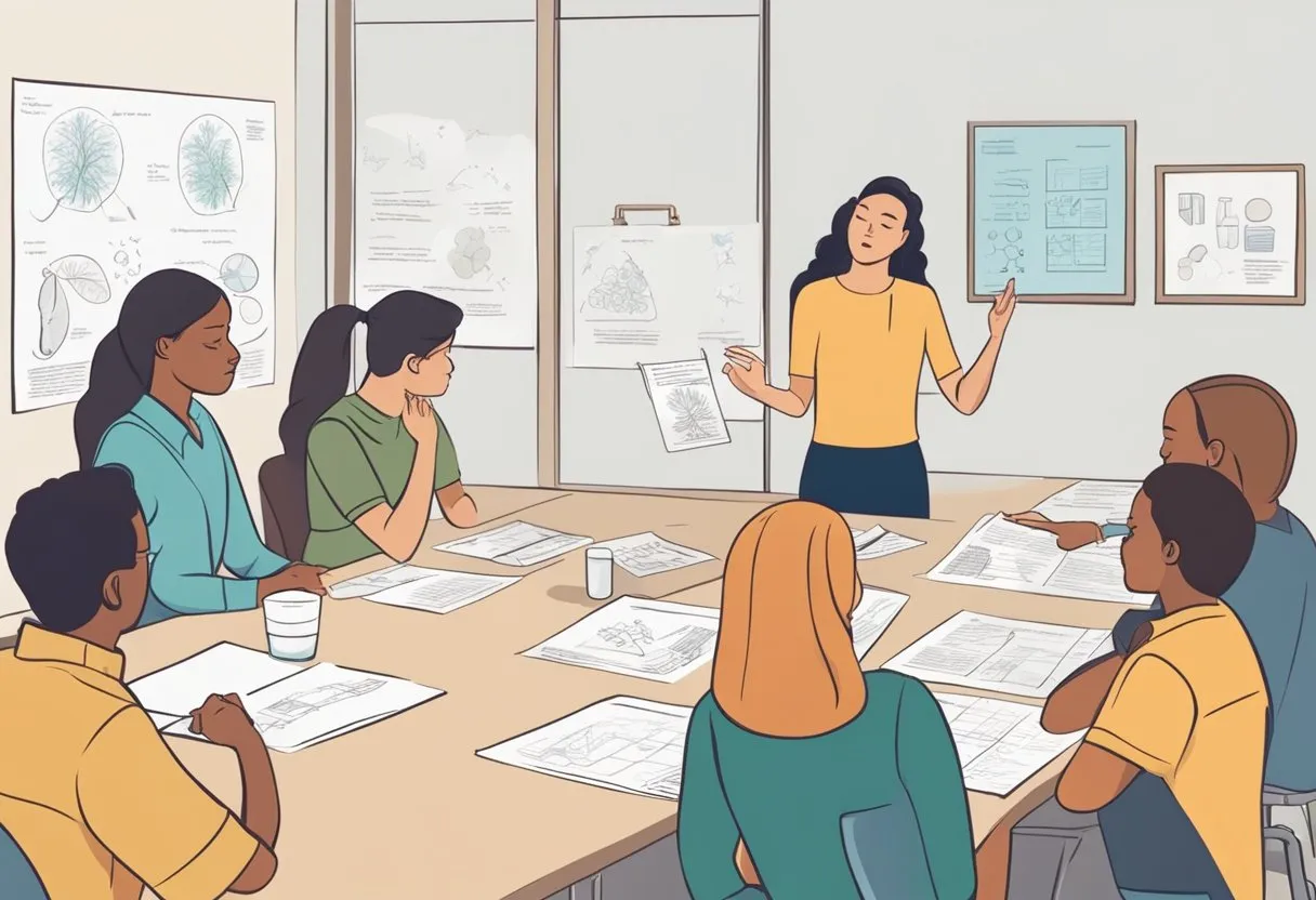 A person explaining allergies and asthma to a group, using visual aids and diagrams