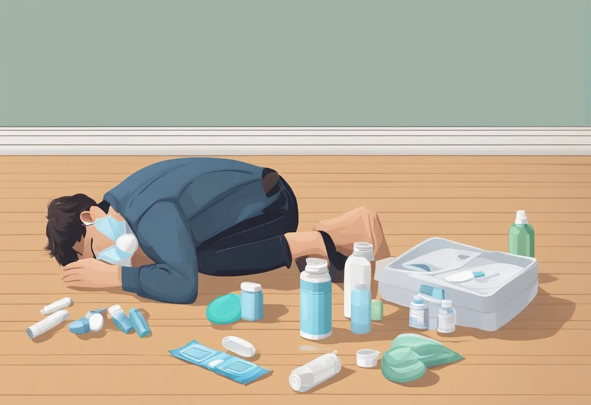 A person struggles to breathe, clutching their chest. Nearby, an overturned table spills medication and an empty inhaler lies on the floor