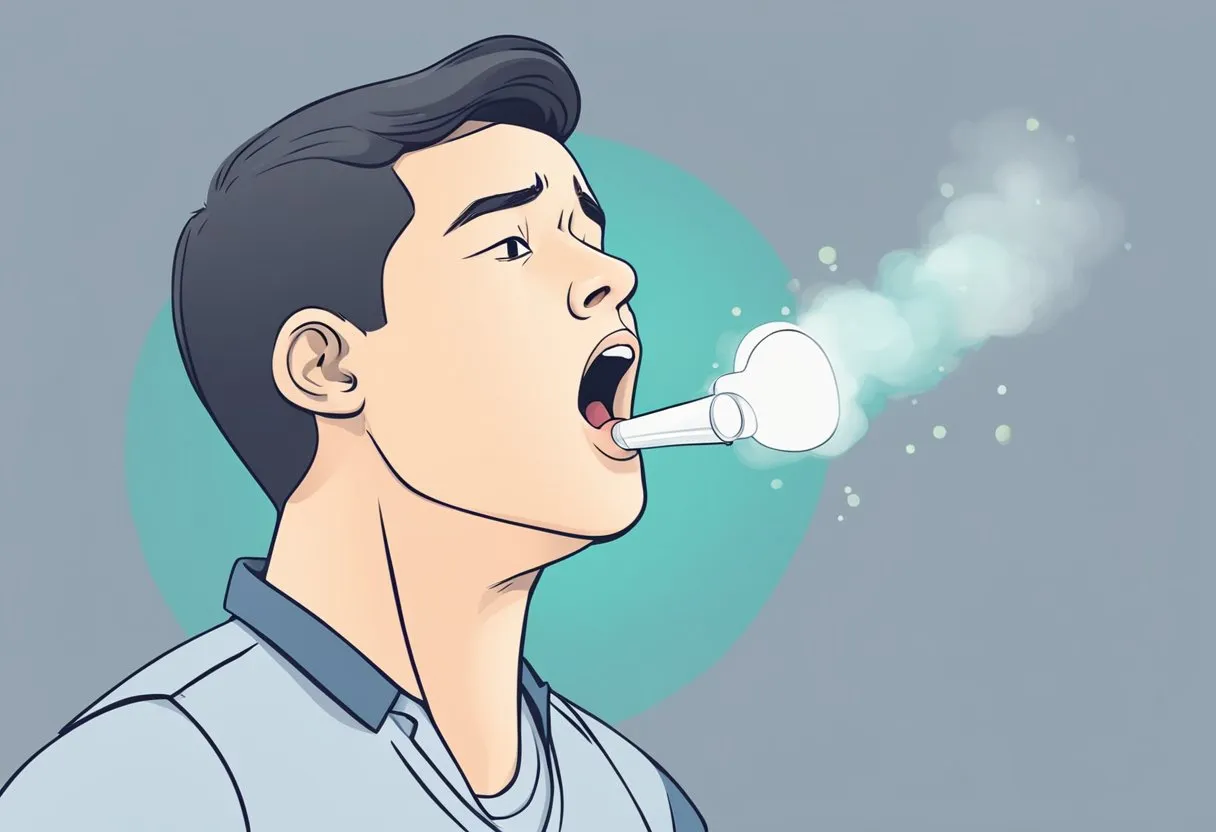 A person gasps for air, clutching their chest. Inhaler nearby. Allergy triggers scatter