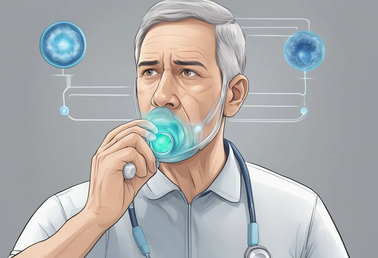 A person with asthma shows signs of an allergic reaction, such as difficulty breathing and wheezing