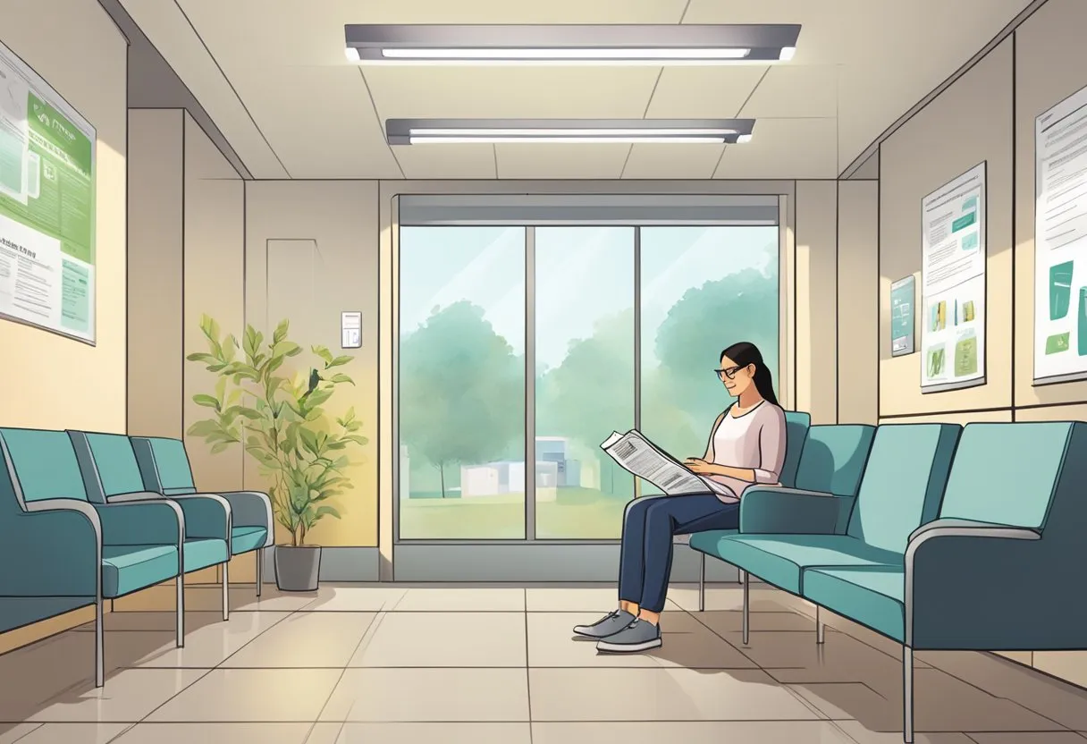 A patient sits in a bright, modern waiting room, leafing through a magazine. A sign on the wall reads "Specialist Allergies and Asthma Care."