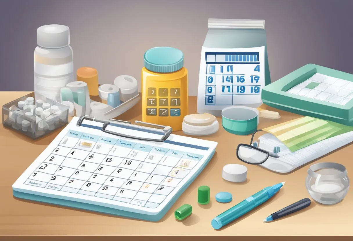 A table with various allergy and asthma medications, a calendar for tracking symptoms, and a doctor's prescription pad