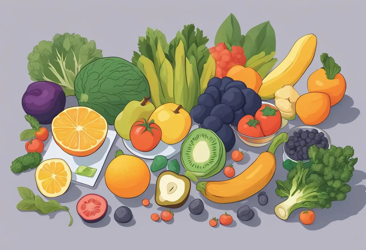 A table with various fruits, vegetables, and supplements. A person reading a book on diet and nutrition for migraines