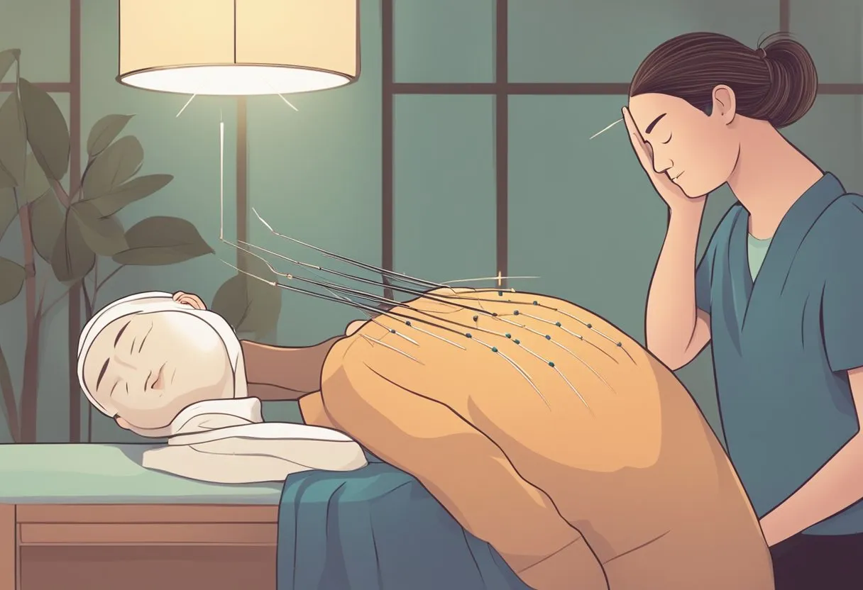 A person receiving acupuncture treatment for migraines, with needles placed on the head and neck, surrounded by soothing ambiance