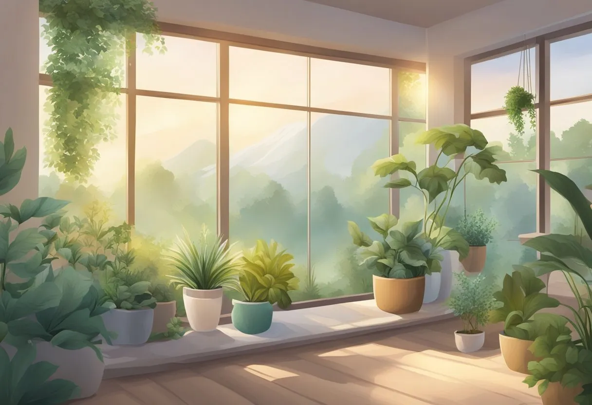 A serene setting with natural elements like herbs, plants, and essential oils. A peaceful atmosphere with soft lighting and calming colors