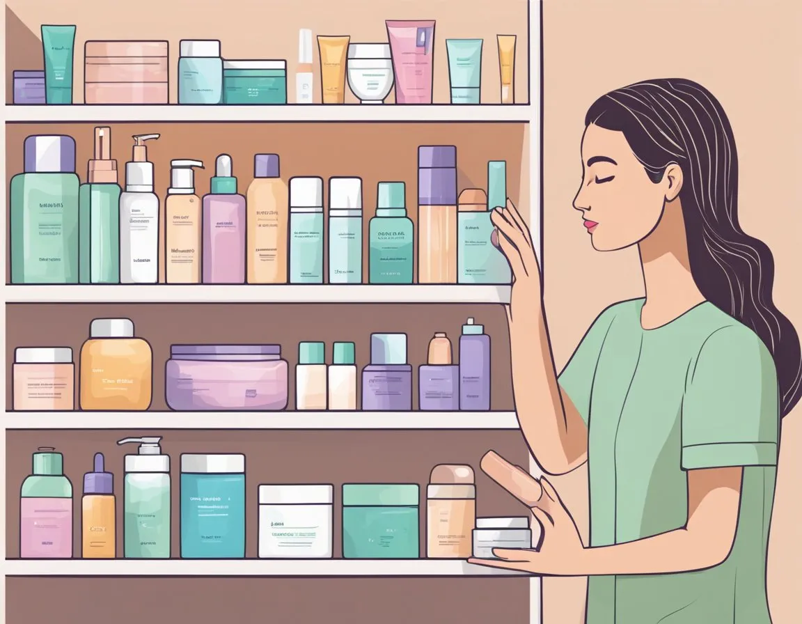 A hand reaches for a shelf filled with various skincare products, carefully selecting items for a skincare routine