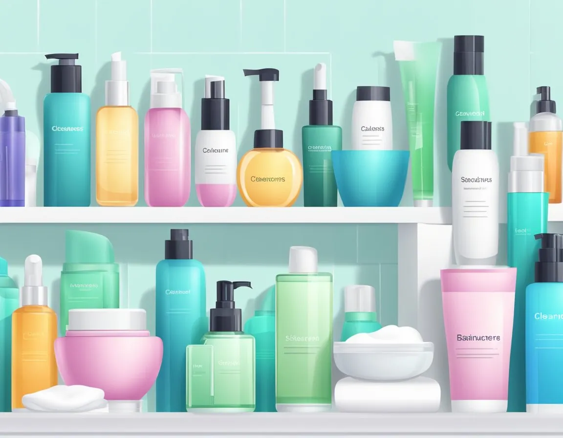 A clean, organized bathroom counter with various skincare products arranged in the correct order of application, from cleansers to serums and moisturizers